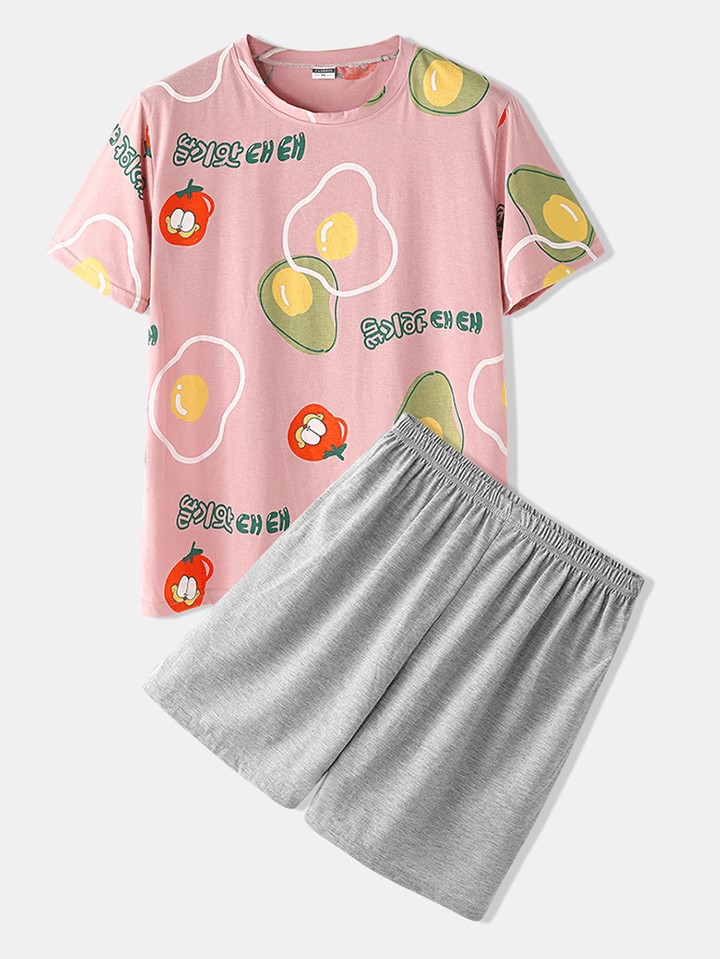 Men Casual Cartoon Fruit Print round Neck Short Sleeve Loose Pajama Set - MRSLM