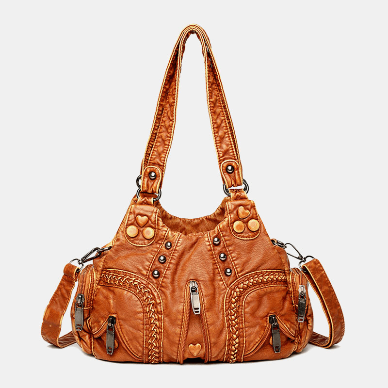 Women PU Leather Solid Color Large Capacity Retro Fashion Tote Handbags Crossbody Bags - MRSLM