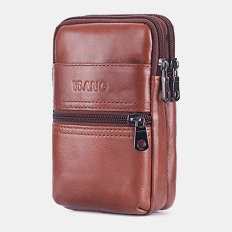Men Genuine Leather Multi-Pocket Casual Waist Bag 6.3 Inch Phone Bag EDC Bag - MRSLM