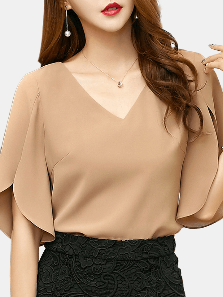 Short Sleeves V-Neck Solid Color Chiffon Casual Blouse for Women - MRSLM