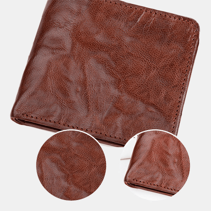 Men Genuine Leather Vintage Business Vegetable Tanned Cowhide Wear-Resistant Bifold Short Money Clips Coin Wallet - MRSLM
