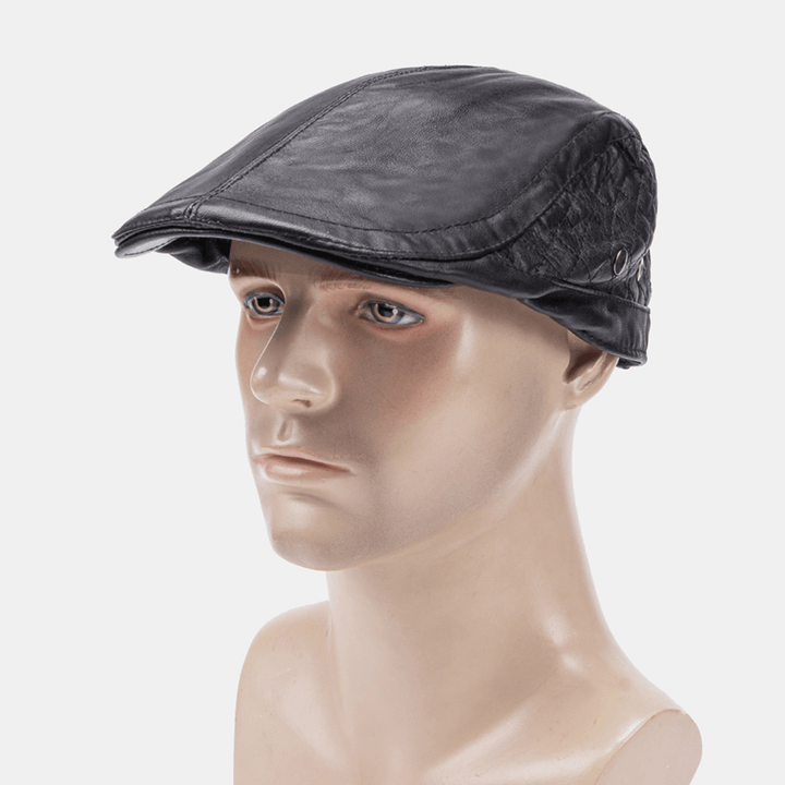 Men Genuine Leather Sheepskin Keep Warm Lattice Pattern Casual Universal Fold Solid Forward Hat Beret Hat - MRSLM