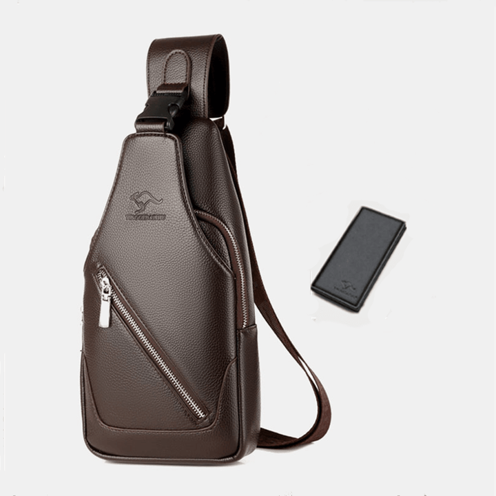 Men PU Leather USB Charging Waterproof Earphone Hole Business Crossbody Bag Chest Bag Sling Bag - MRSLM