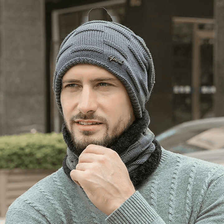 Men 2PCS plus Velvet Thick Winter Outdoor Keep Warm Neck Protection Headgear Scarf Wool Hat Beanie - MRSLM