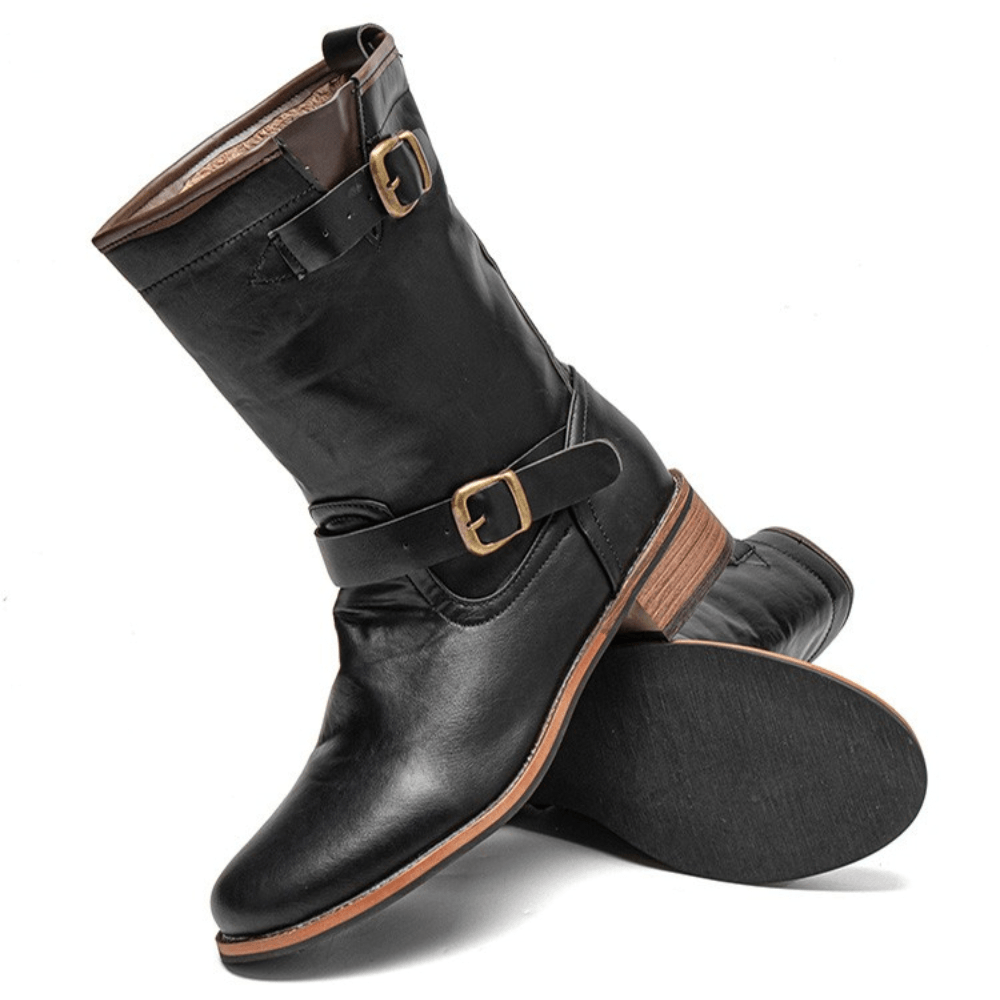 Men Leather Retro round Toe Non Slip Comfy Slip on Solid Casual Martin Boots - MRSLM