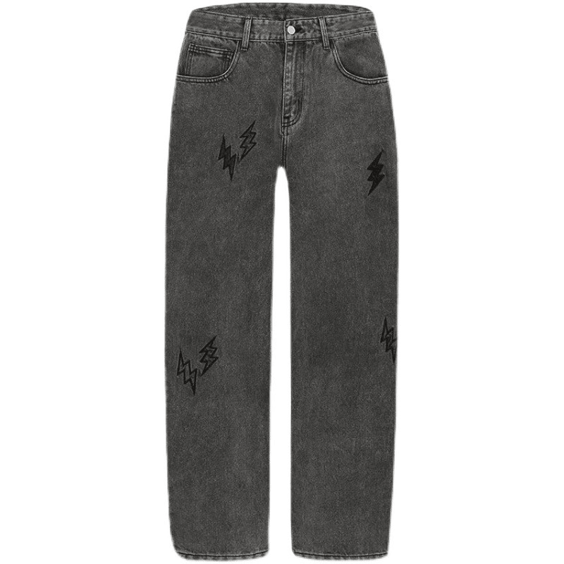 Lightning Embroidered Straight Loose Distressed Jeans for Men - MRSLM