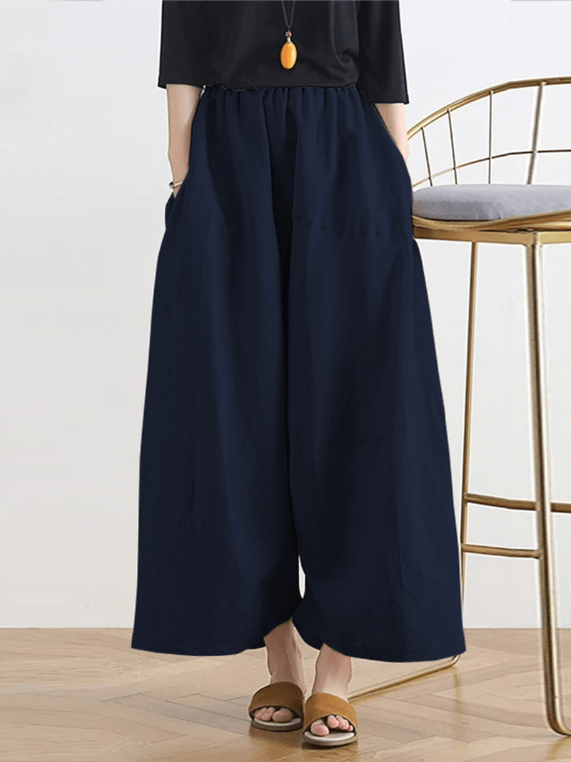 Women Solid Color Patchwork Elastic Waist Casual Wide Leg Pants with Side Pockets - MRSLM