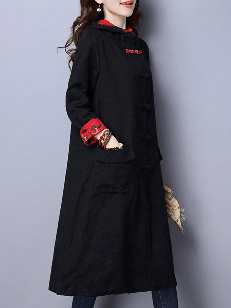 Vintage Women Hooded Printed Long Sleeve Single Breasted Coat - MRSLM