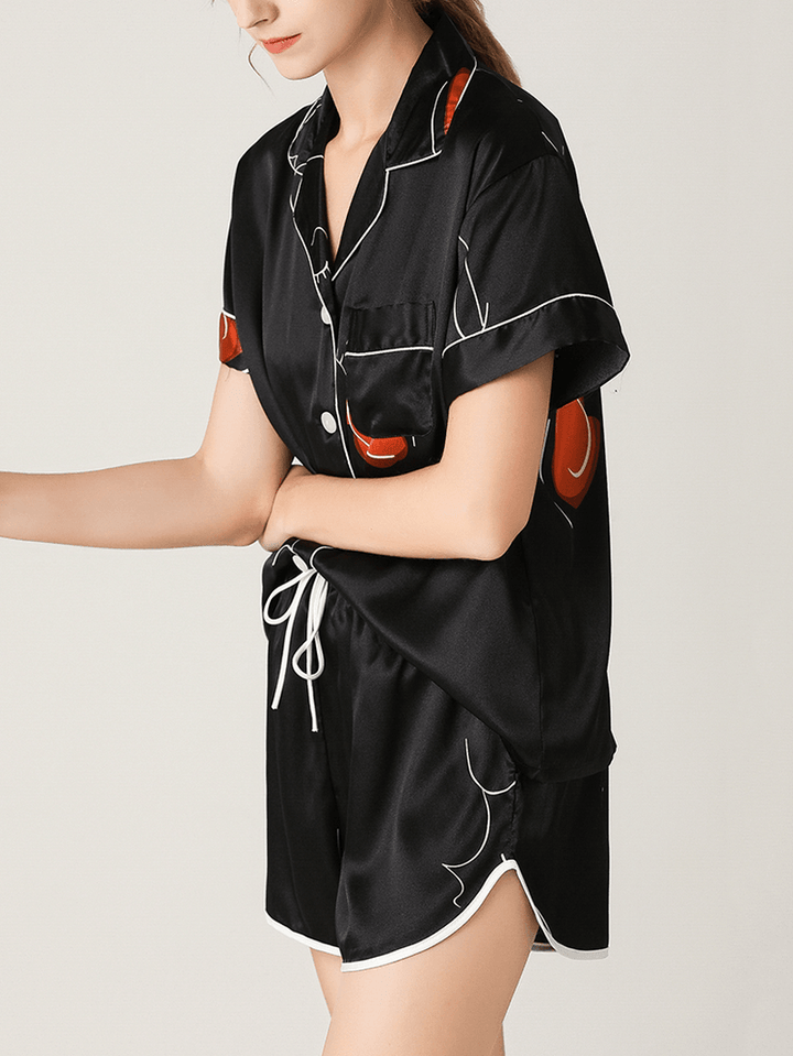 Women Abstract Graffiti Print Revere Collar Short Sleeve Black Home Pajama Set - MRSLM
