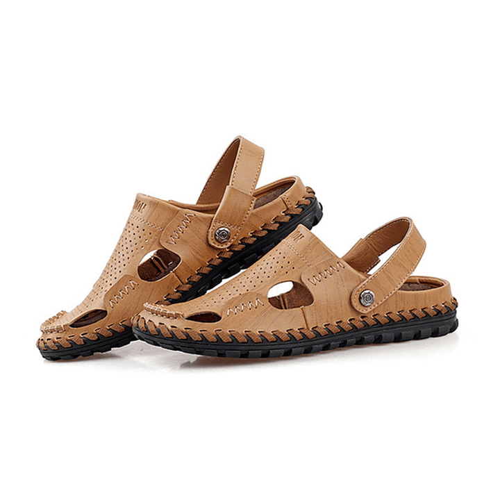 Men Summer Leather Sandal Casual round Toe Outdoor Flat Fashion Soft Beach Slipper - MRSLM