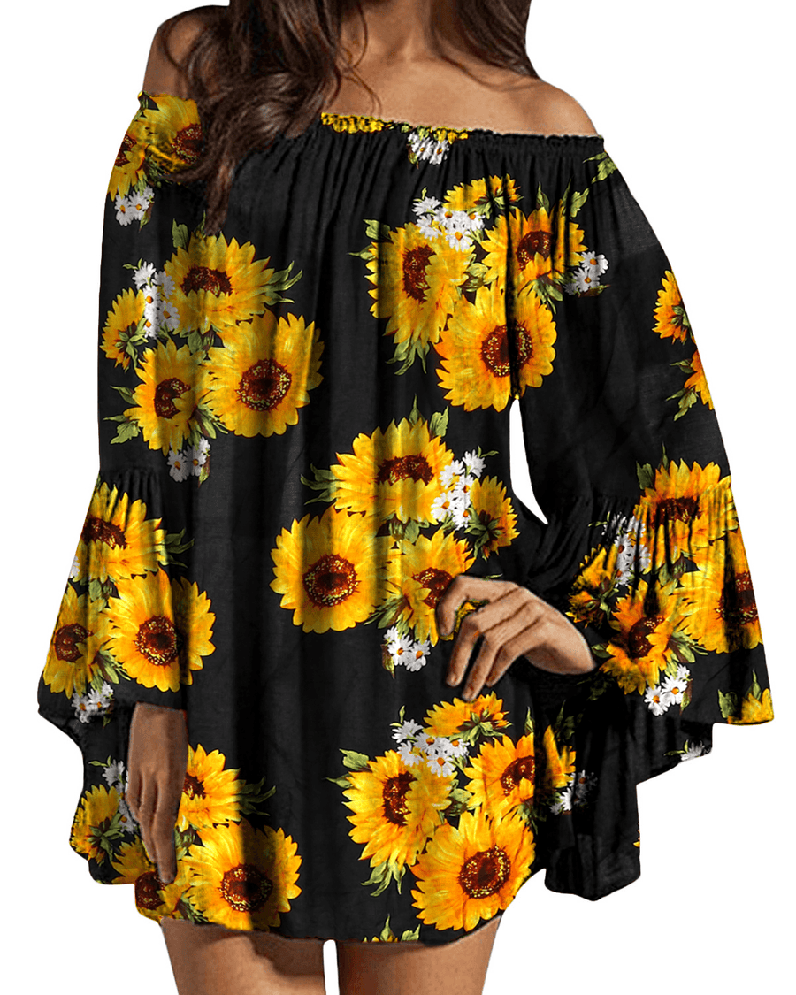 Women off Shoulder Floral Print Ruffle Sleeve Blouse Mini Dress - MRSLM