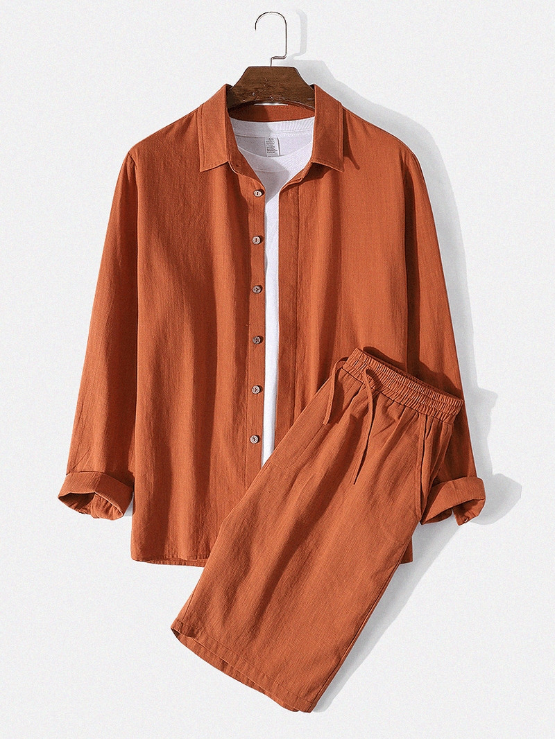 Mens 100% Cotton Solid Color Shirt Drawstring Pocket Shorts Casual Two Piece Sets - MRSLM