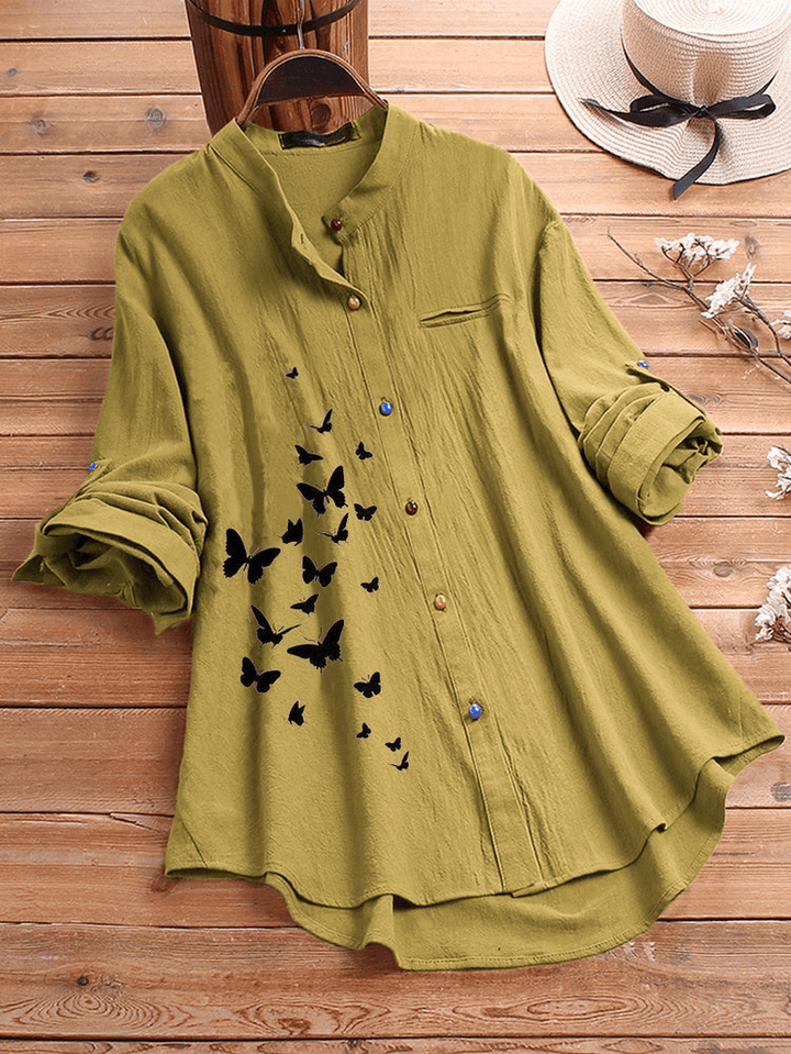 Butterfly Print Button Causal Shirts Blouse - MRSLM