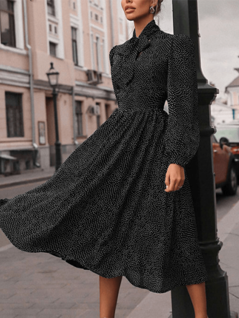 Women Vintage Polka Dot Print Knotted Big Swing Casual Long Sleeve Dress - MRSLM