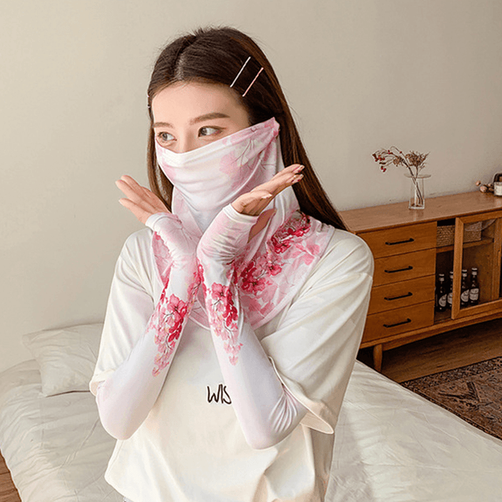 Women Sunscreen Summer Outdoor Ice Silk Sleeve Arm Guard Sleeve Breathable Cover Face Veil Mask - MRSLM