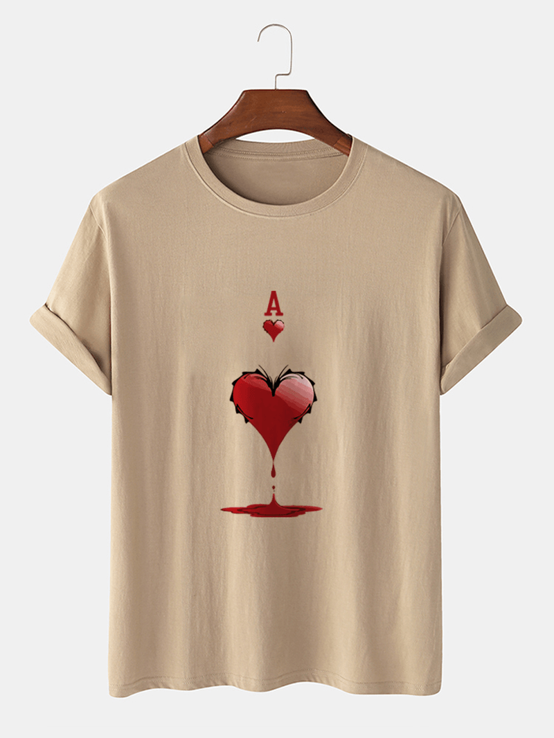 Mens 100% Cotton Ace of Hearts Poker Print Short Sleeve T-Shirts - MRSLM