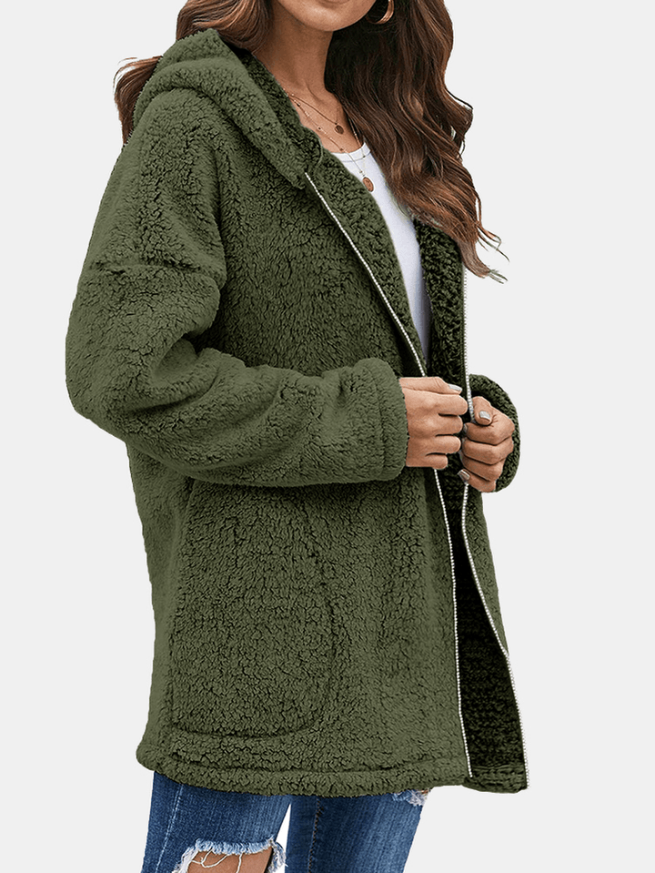 Women Fluffy Solid Full Zipper Hood Side Pocket Long Sleeve Warm Casual Hooded Sweatshirts - MRSLM