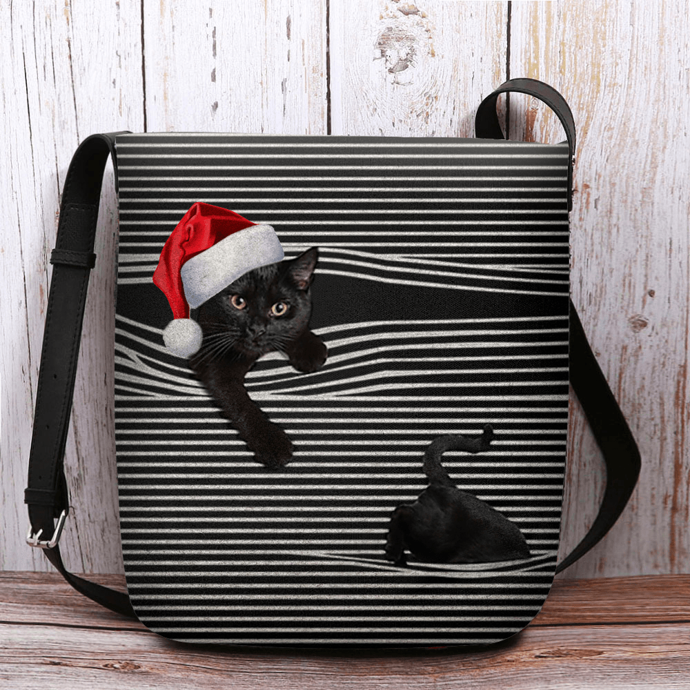 Women Felt Cute Casual Cartoon Cat Stripes Pattern with Christmas Hat Crossbody Bag Shoulder Bag - MRSLM