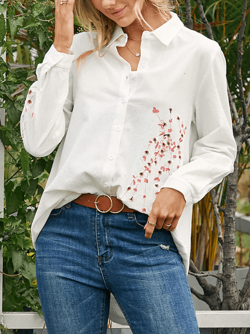 Women Floral Embroidery Lapel High Low Hem Casual Long Sleeve Blouse - MRSLM