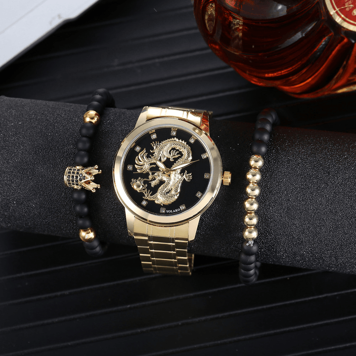 Alloy Stainless Steel Dragon Pattern Men Business Watch Decorated Pointer Quartz Watch Bracelet - MRSLM