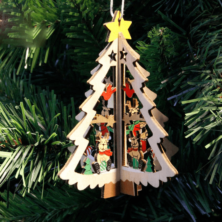Christmas 3D Wooden Pendant Star Bell Tree Hang Ornaments Home Party Decorations Kids Gifts - MRSLM