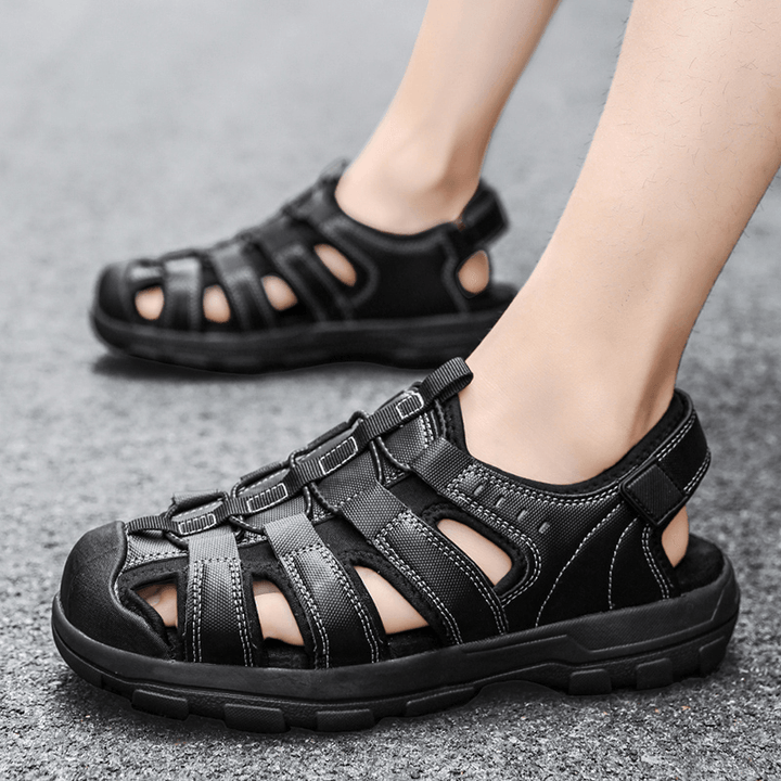 Men Cowhide Leather Breathable Soft Bottom Non Slip Comfy Casual Outdoor Sandals - MRSLM