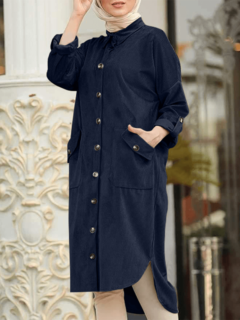 Women Corduroy Solid Moslem Style Collared Raglan Button Front High Low Dress - MRSLM