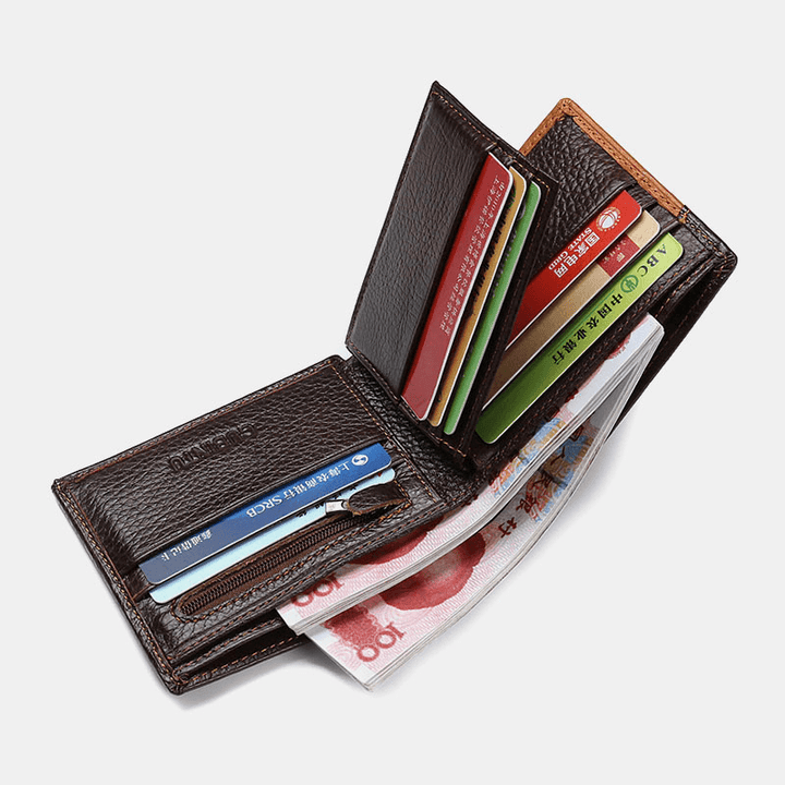 Men Bifold Short Letter Pattern Genuine Leather Wallet Retro 8 Card Slots Splicing Card Case Coin Purse Money Clip - MRSLM