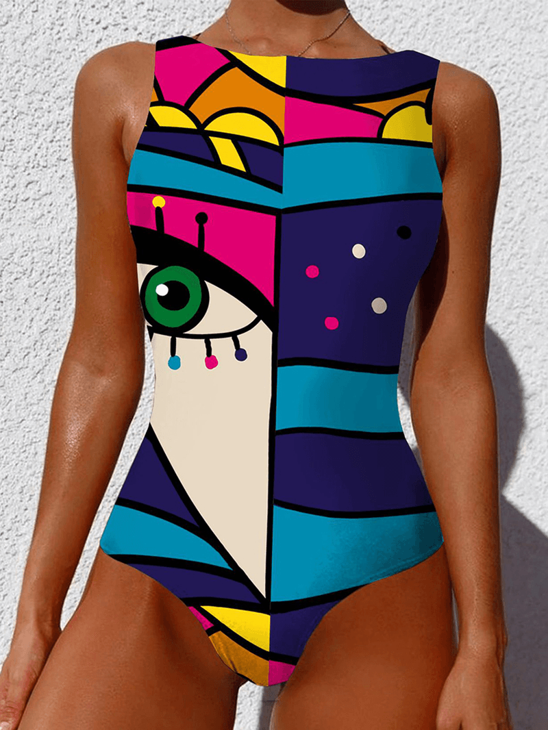 Women Abstract Figure Print Color Block Sleeveless Backless One-Piece Swimwear - MRSLM
