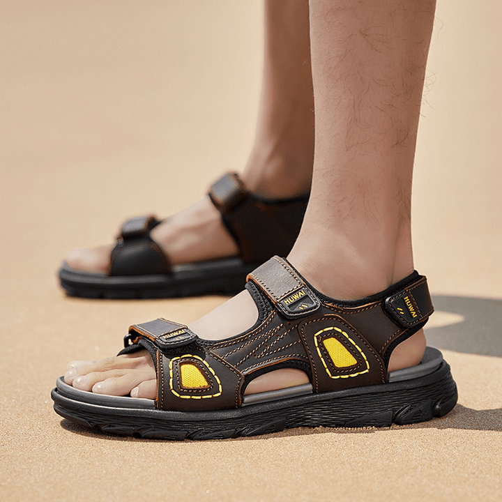 Men Cowhide Breathable Non Slip Opened Beach Casual Outdoor Sandals - MRSLM