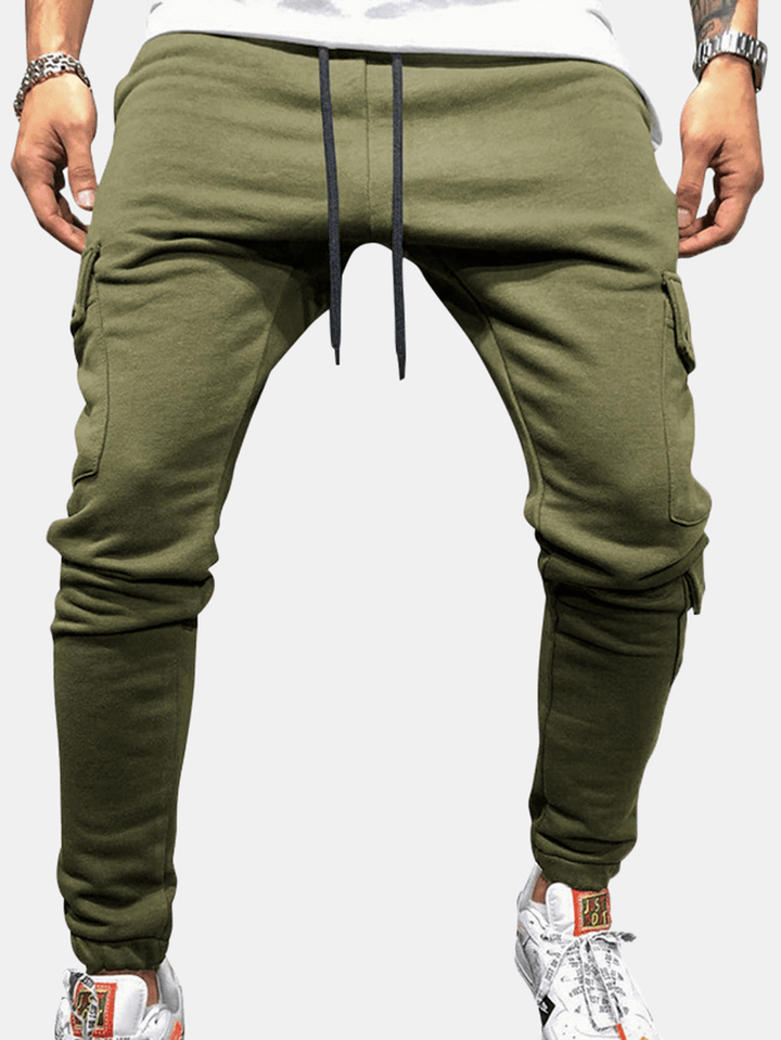 Mens Solid Color Multi-Pocket Drawstring Waist Jogger Pants - MRSLM