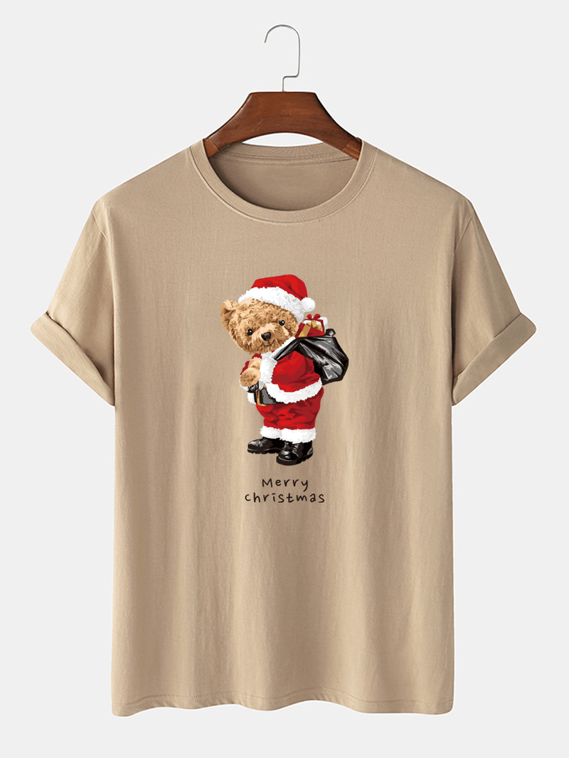 Mens Christmas Bear Graphic Print O-Neck Casual Cotton T-Shirt - MRSLM