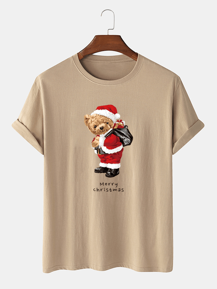 Mens Christmas Bear Graphic Print O-Neck Casual Cotton T-Shirt - MRSLM