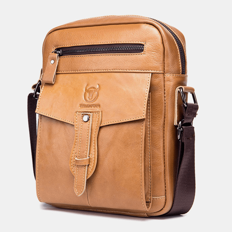 BULLCAPTAIN Men Genuine Leather Business Retro Solid Color Crossbody Bag Shoulder Bag - MRSLM