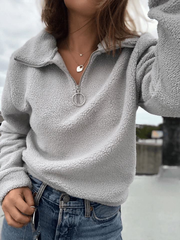 Women Solid Color Fluffy Half Zipper Front Long Sleeve Pullover Casual Sweatshirts - MRSLM