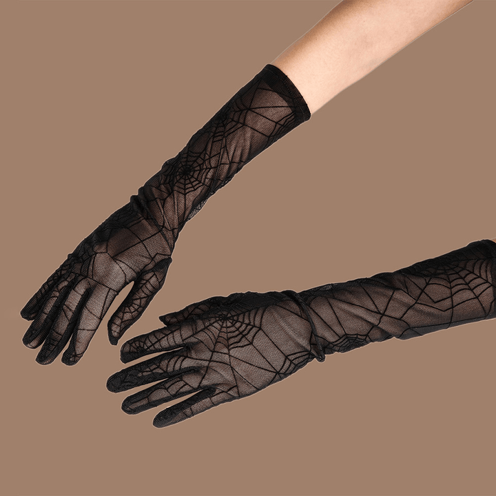 Women Solid Spider Web Pattern Lace Gloves Summer Sunshade Long Full Finger Split Finger Gloves - MRSLM