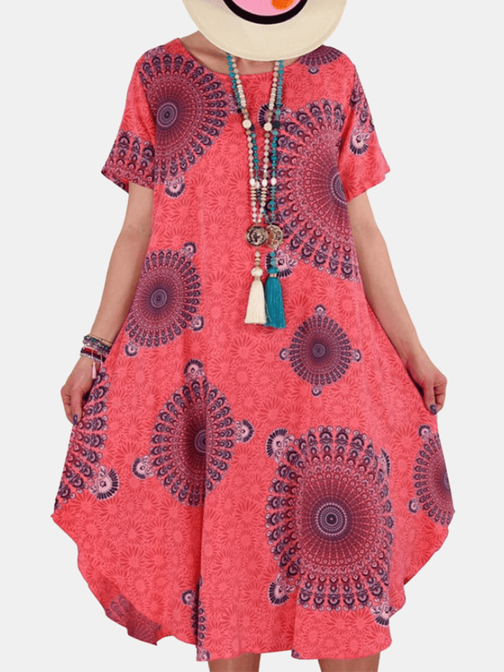 Women Tribal Print round Neck Short Sleeve Vintage Dresses - MRSLM