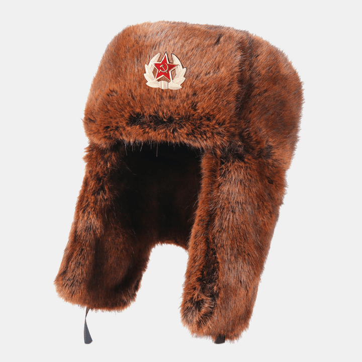 Men Plush Metal Badge Warm Windproof Ear Protection Trapper Hat Winter Outdoor Cold-Proof Ushanka Hat - MRSLM