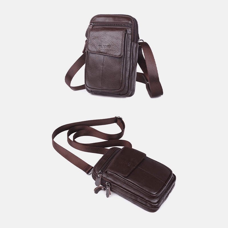 Men Genuine Leather Phone Bag Waist Bag Belt Bag 7 Inch Phone Bag Shoulder Bag - MRSLM