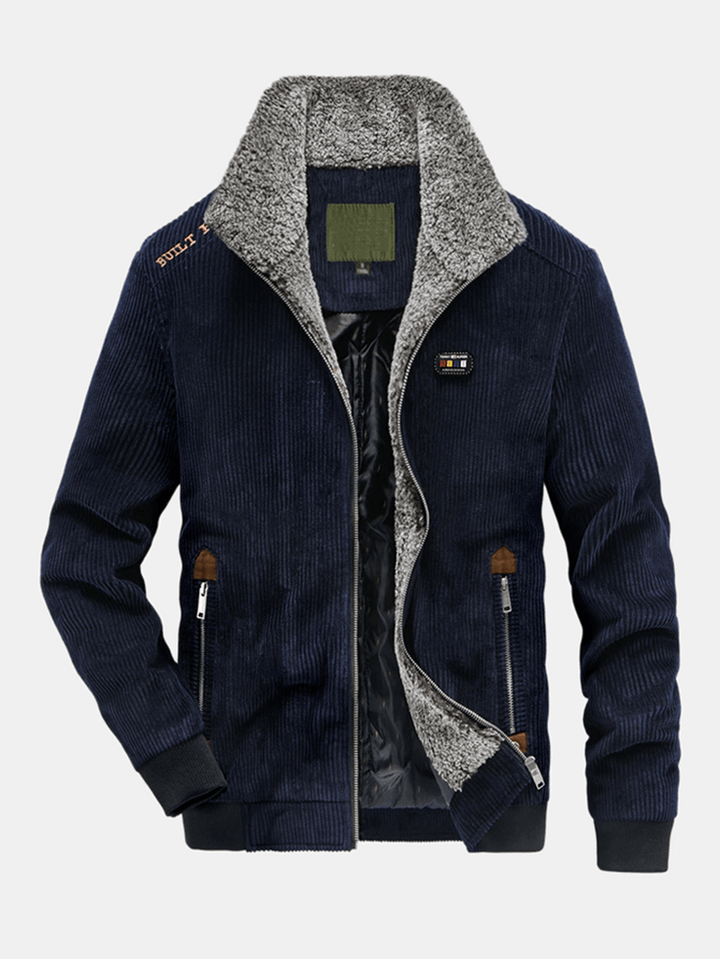 Mens Winter Corduroy 100% Cotton plus Velvet Warm Zipper Casual Solid Jacket - MRSLM