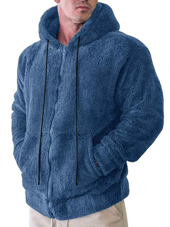 Men'S Solid Color Plush Cardigan Hooded Jacket - MRSLM