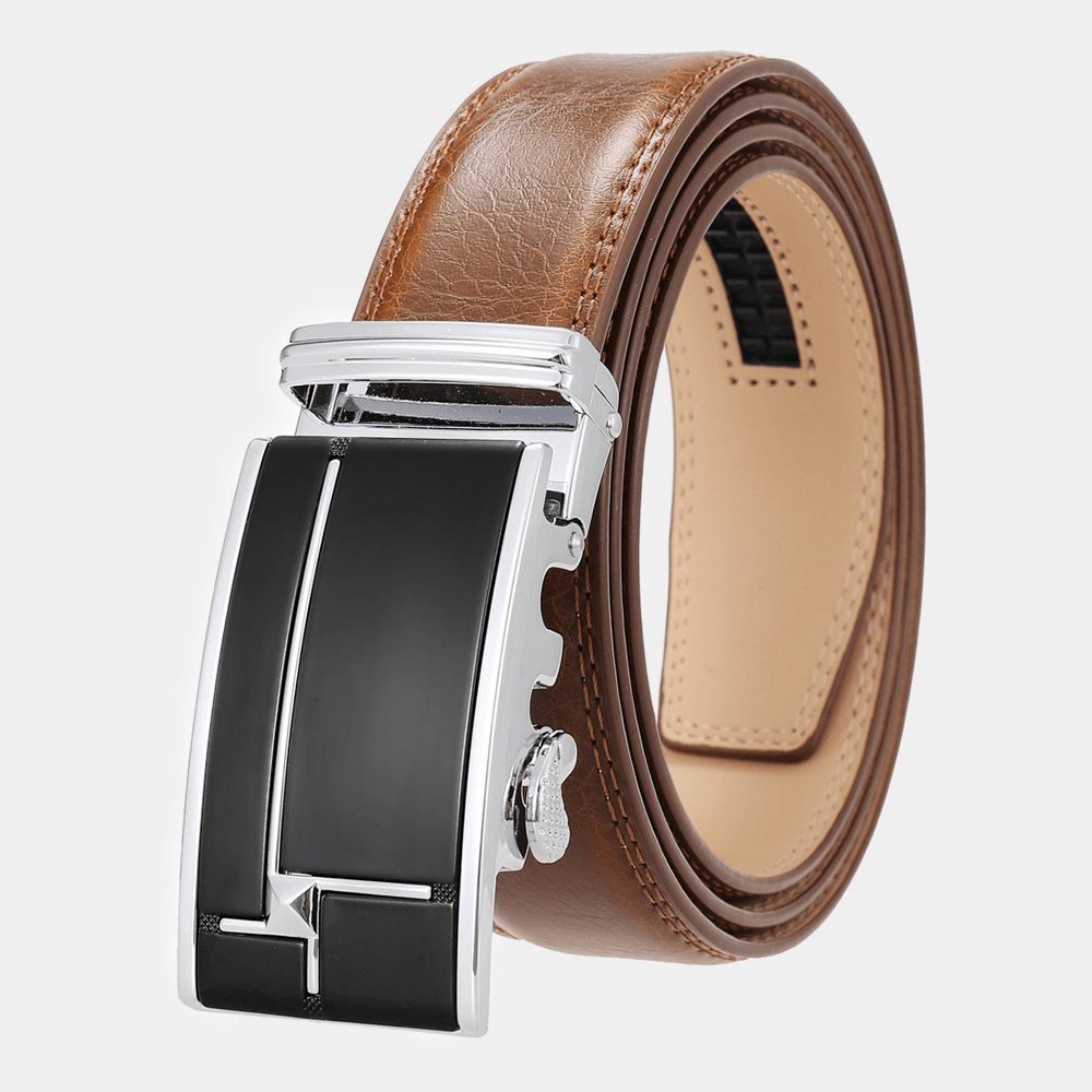 Men Genuine Leather Rectangular Alloy Automatic Buckle 3.5 CM Casual Business Wild Belt - MRSLM