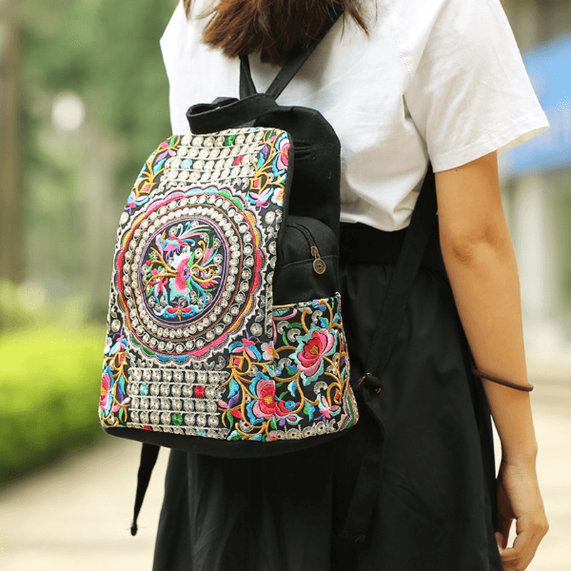Women National Style Embroidery Zipper Creative Backpack - MRSLM