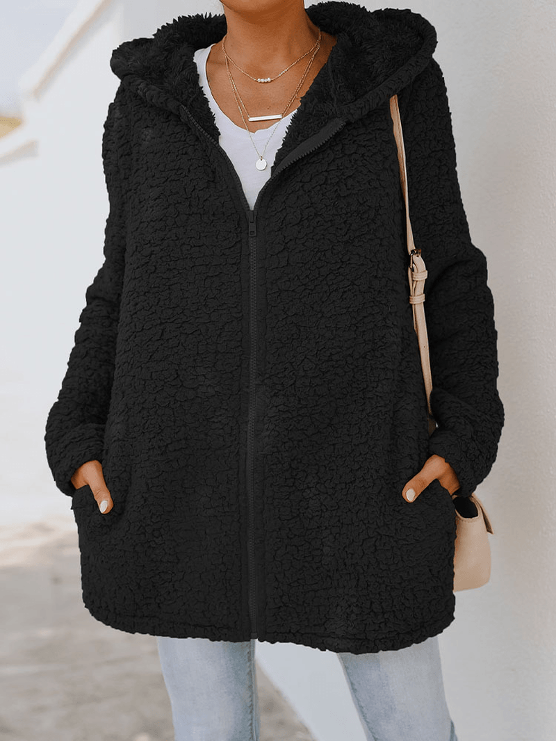 Women Solid Hooded Fleece Zipper Front Fluffy Loose Casual Coat - MRSLM