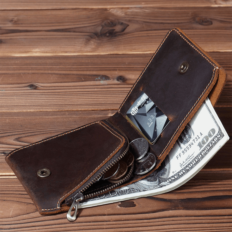 Ekphero Men Retro Short Bifold Genuine Leather Wallet Coin Purse Money Clip - MRSLM