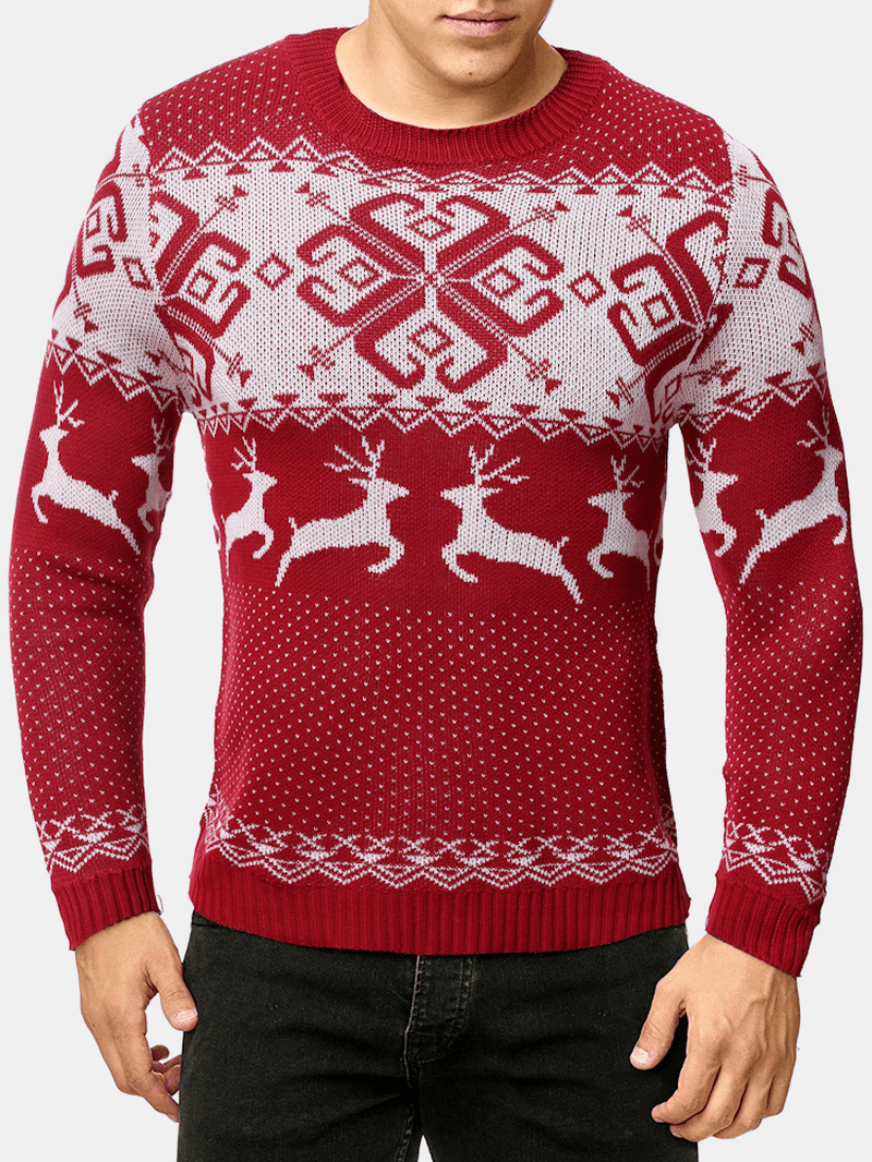 Mens Christmas Style Elk Graphics round Neck Long Sleeve Warm Knitted Sweaters - MRSLM