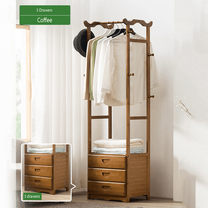 8 Hook Coat Rack 2/3 Drawer Bamboo Wooden Hanging Stand Cloth Trousers Hanger Home Office Storage - MRSLM