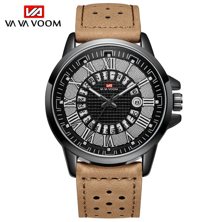 Deffrun Roman Number Business Style Men Wrist Watch Waterproof Calendar Leather Band Quartz Watch - MRSLM