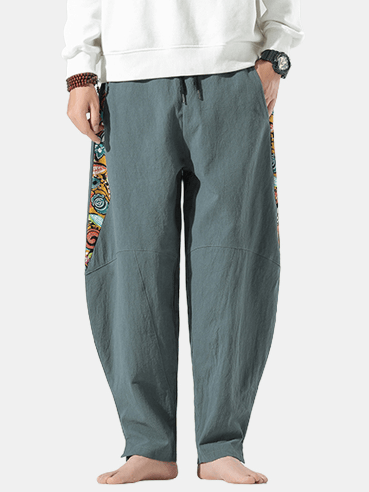Mens National Style Print Linen Drawstring Elastic Waist Harem Pants with Pocket - MRSLM