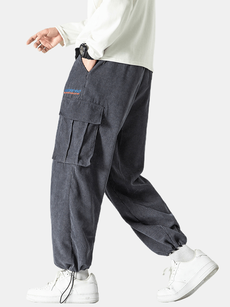 Mens Solid Color Corduroy Pocket Drawstring Elastic Waist Cargo Pants - MRSLM